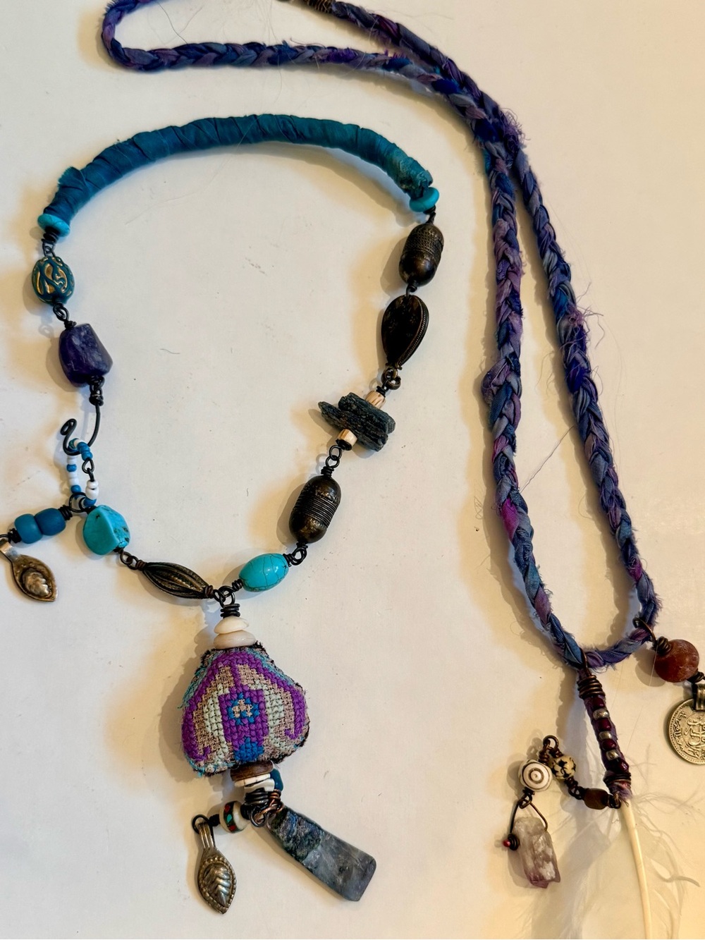 Boho Artisan New Zealand Layering Necklace Set | Feather & Embroidered Pendant